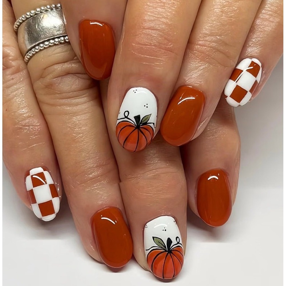 24pc Fall Pumpkin Checkered Press On Nails Almond Set